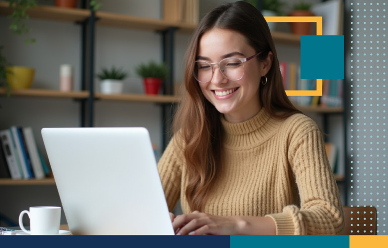 A business student researching on a laptop