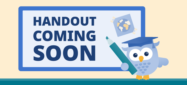 Mascot "Ebby" standing in front of a board that says "Handout Coming Soon"