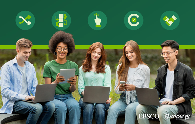 Group of 5 students sitting outside using devices with 5 icons above them