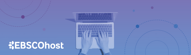 EBSCOhost logo beside an overhead view of a person typing on a laptop