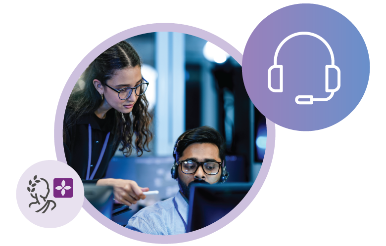 image of two tech support people, OpenAthens Compass logo, and headset icon