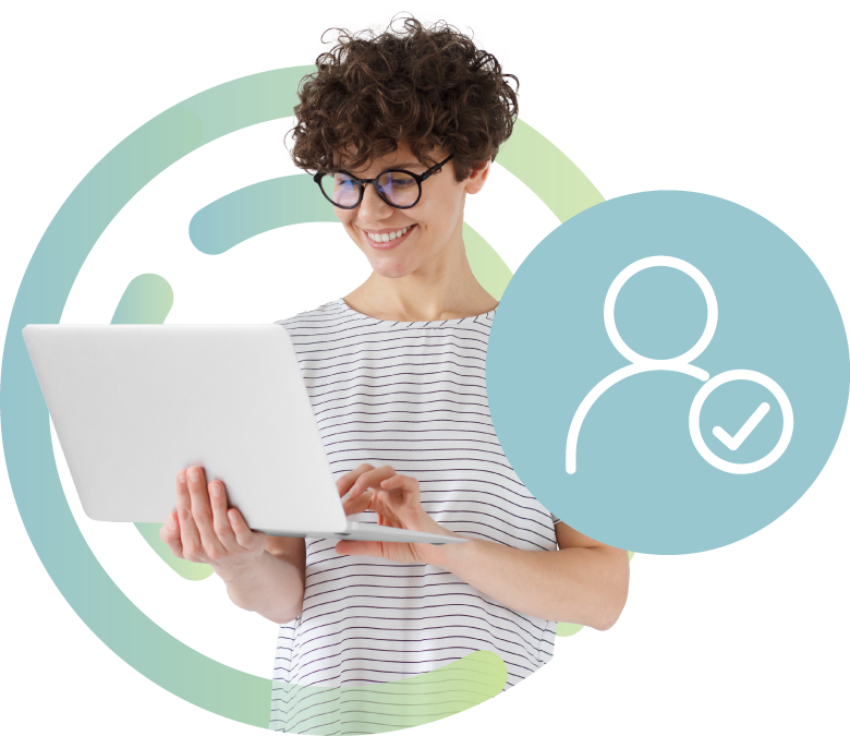 Woman holding a tablet with a circular pattern behind. Icon of a user persona
