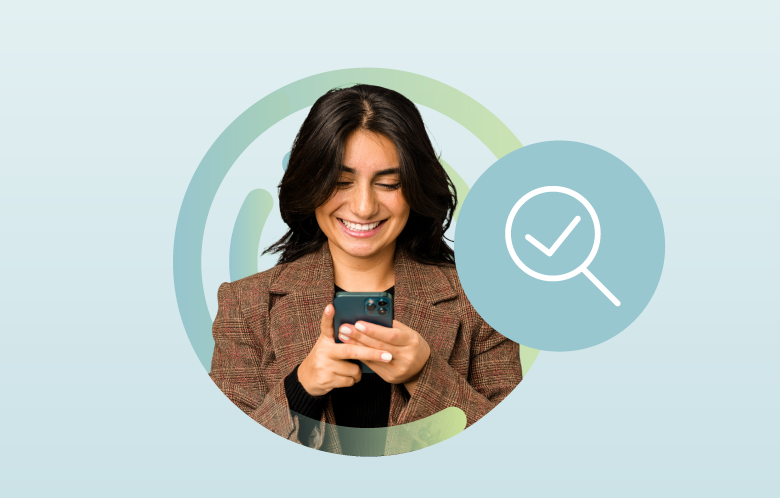 Researcher on a mobile phone inside a pattern of circles with an magnifying glass icon representing "transparency"