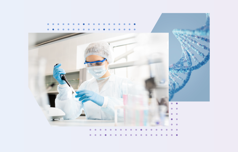 Collage of patterns and images depicting lab testing and molecules