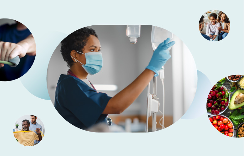 Images representing nursing, nutrition, rehab, and physical therapy