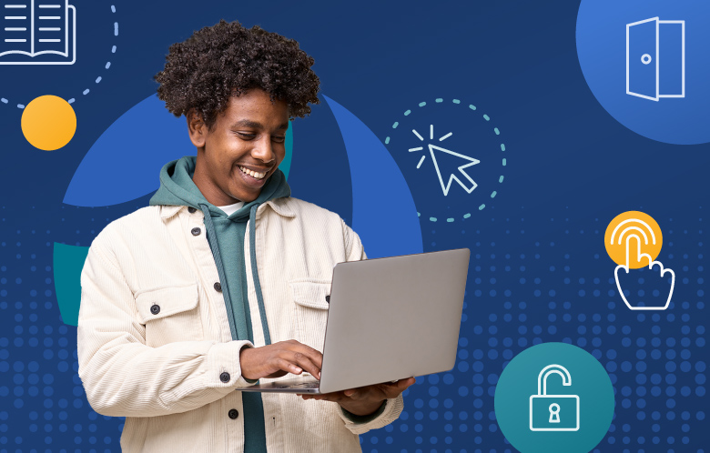 researcher on laptop with educational and accessibility icons around them