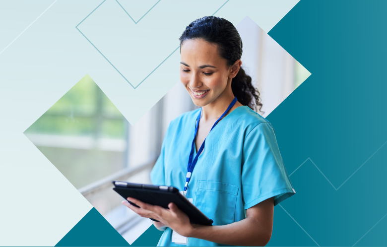 nurse on a tablet device with checkmark background