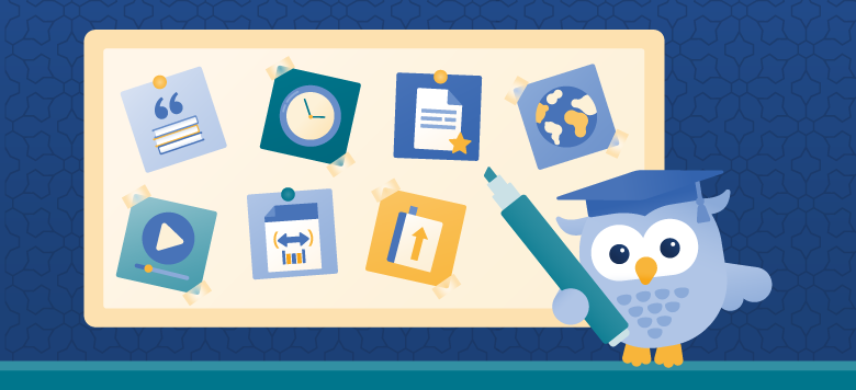 Illustration of Ebby the mascot holding a marker and standing in front of a board with 7 sticky notes.