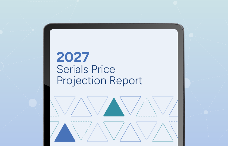 2027 Serials Price Projection Report cover on a tablet with connecting line and dot pattern