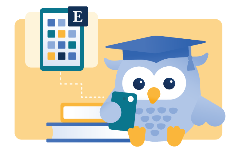 Ebby holding a phone next to a stack of books with EBSCO mobile app icon