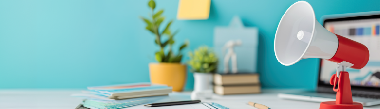 Megaphone on a desk along with laptop, papers, pen, books, and plants