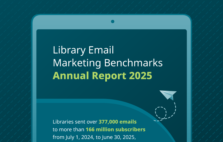 Library Email Marketing Benchmarks Annual Report 2025 infographic in tablet