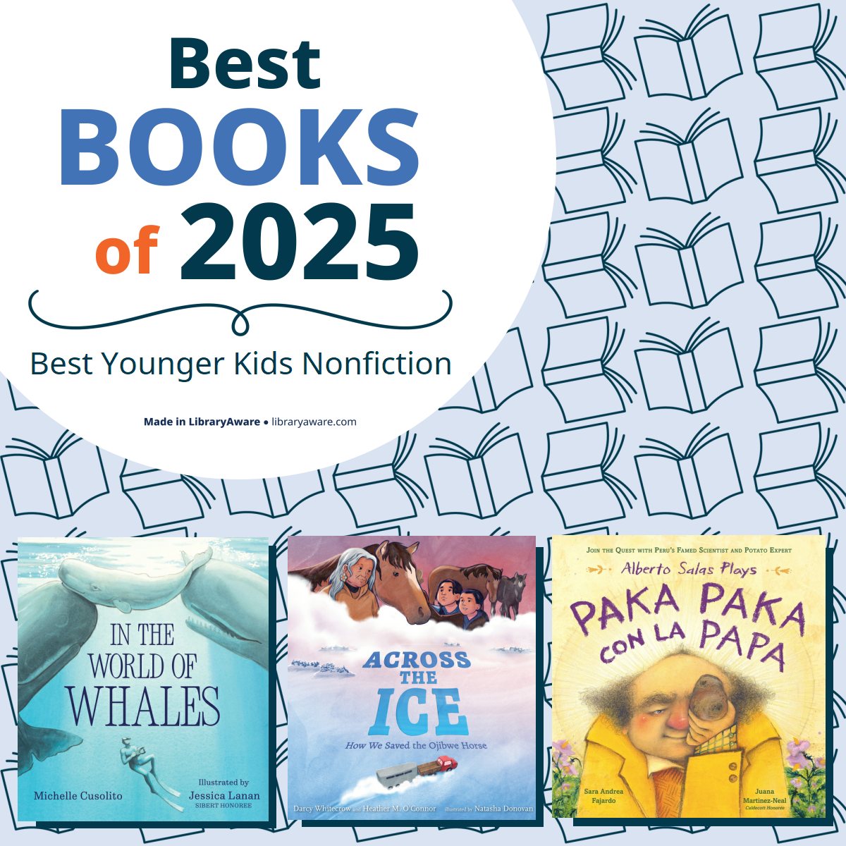 Graphic with a patterned background of open books and a white circle in the center reading “Best Books of 2025 – Best Younger Kids Nonfiction.” Below are three book covers:

In the World of Whales by Michelle Cusolito, illustrated by Jessica Lanan (blue cover with a whale illustration).
Across the Ice: How We Saved the Gwich’in Name (cover shows people and a dog sled in snowy landscape).
Paka Paka con la Papa by Alberto Salas Plays (yellow and purple cover with illustrated characters).