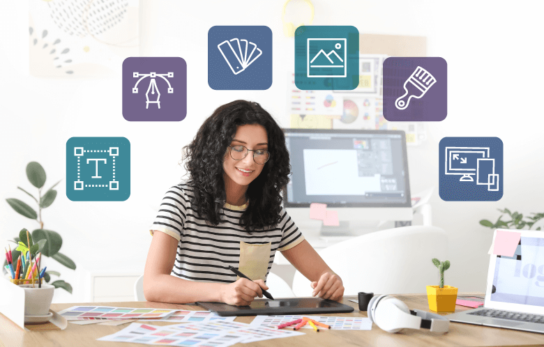 Woman designing on computer with different design icons floating around her