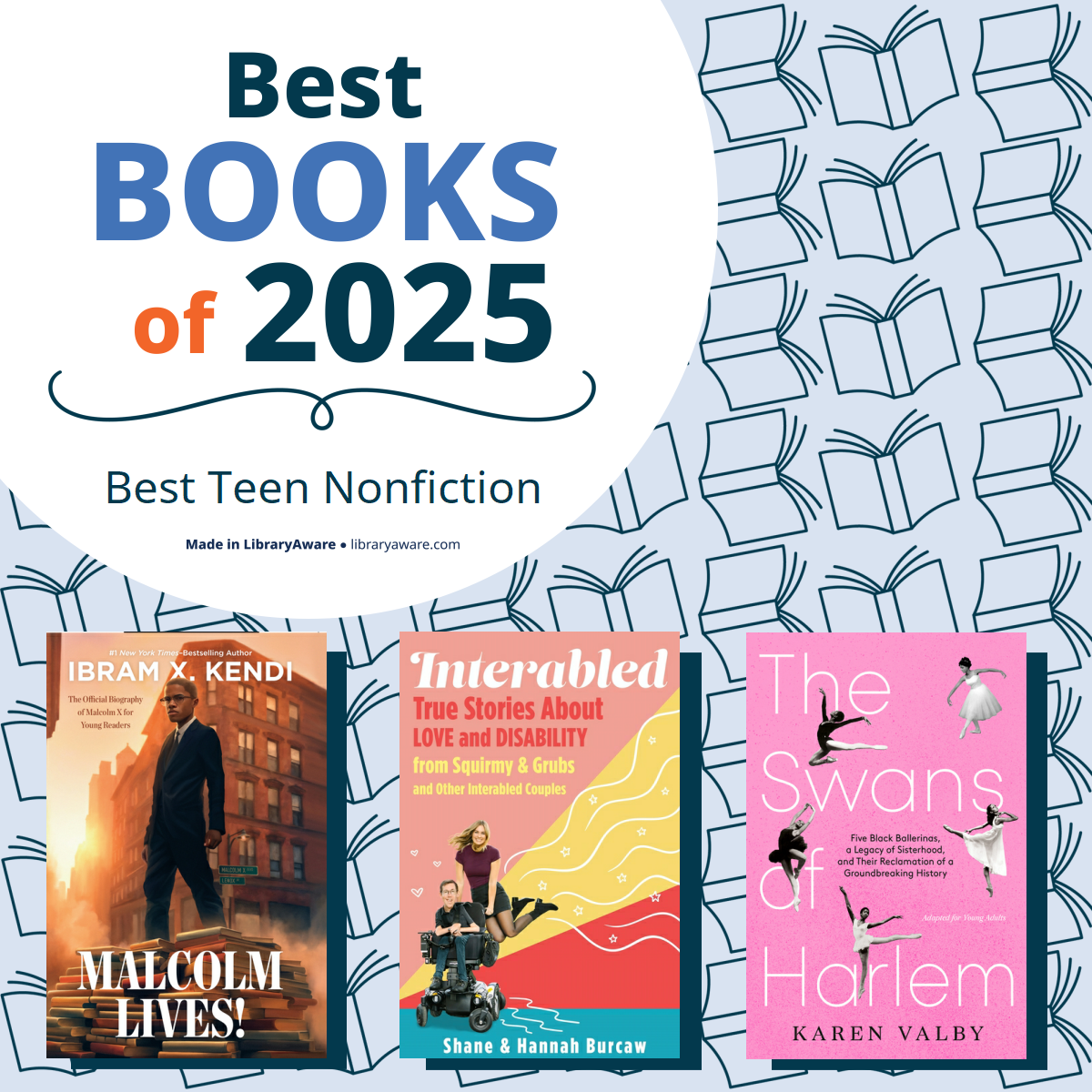 Graphic with a patterned background of open books and a white circle reading “Best Books of 2025 – Best Teen Nonfiction.” Below are three book covers:

Malcolm Lives! by Ibram X. Kendi (cover shows a person walking in a cityscape).
Interabled: True Stories About Love and Disability by Shane & Hannah Burcaw (colorful cover with text and illustrations).
The Swans of Harlem by Karen Valby (pink cover with ballerinas).
