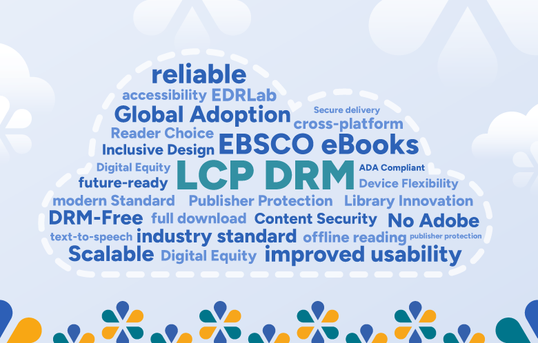 Illustration of word cloud of key words from LCP DRM Webinar with EBSCO eBooks icons