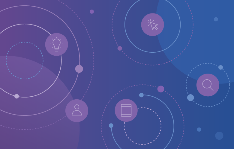 Purple and blue circles floating in the background with intelligent discovery branding. Various concentric rings in blue and purple with icons floating around.