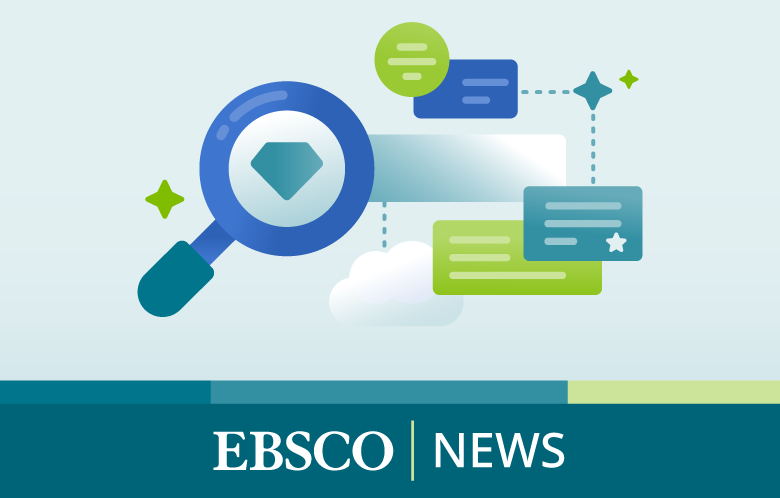 illustration of various shapes, magnifying glass, cloud, browsers and "EBSCO | NEWS" logo