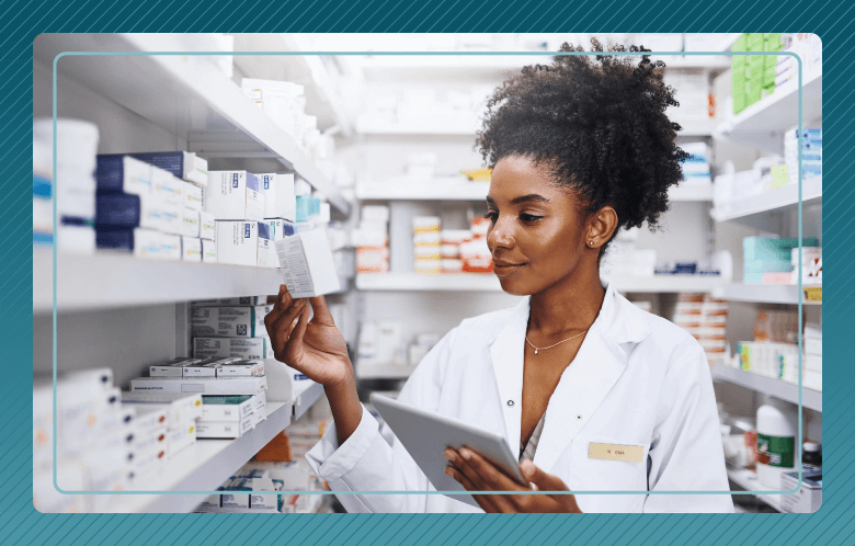 pharmacist checking drug label