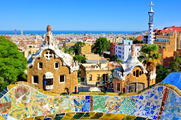 View over Antoni Gaudi's artistic Park Guell in Barcelona, Spain