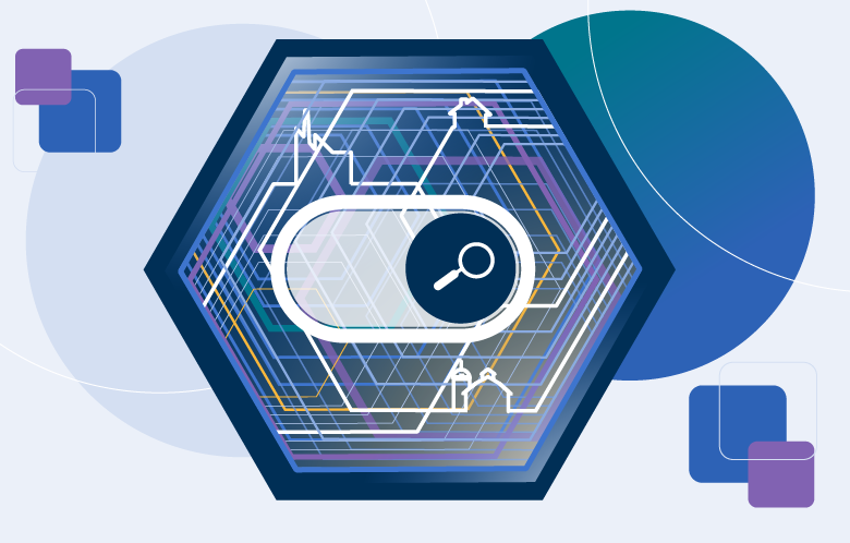 image of a search button inside a heaxagon with multiple connected lines 