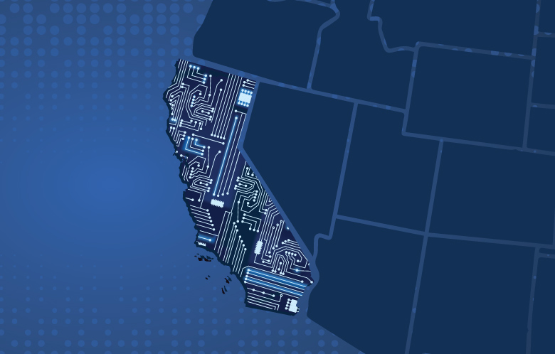 Map of United States with California state covered in microchips
