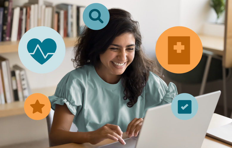 Woman at a laptop in a library surrounded by health resource icons