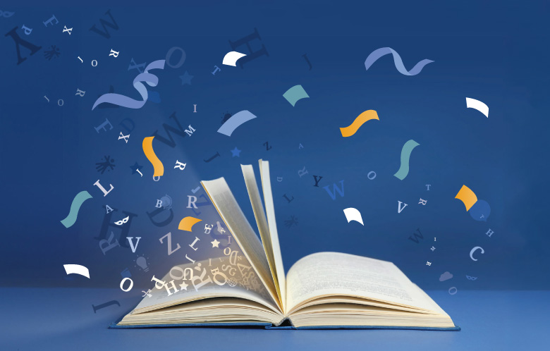 Open Book with subject icons flying out and confetti