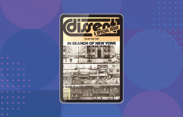 Dissent Magazine Archives cover in a tablet with shapes pattern in the background