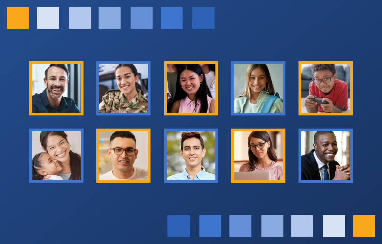 10 headshots of different personas with squares