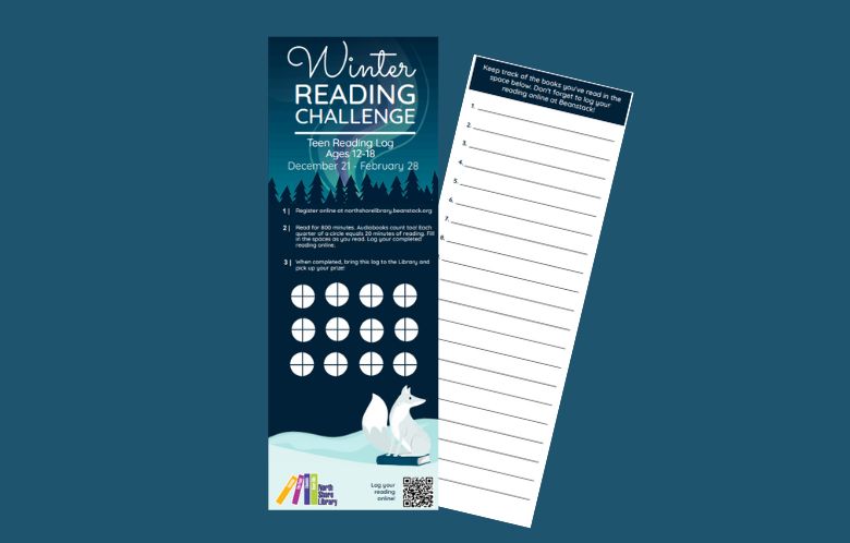 Winter Reading Challenge teen reading log with instructions and a tracking sheet. The log features a blue winter-themed design with trees and a white fox illustration, circles for marking progress, and text indicating the challenge runs December 21 to February 28 for ages 12–18. The second sheet lists numbered lines for recording book titles.