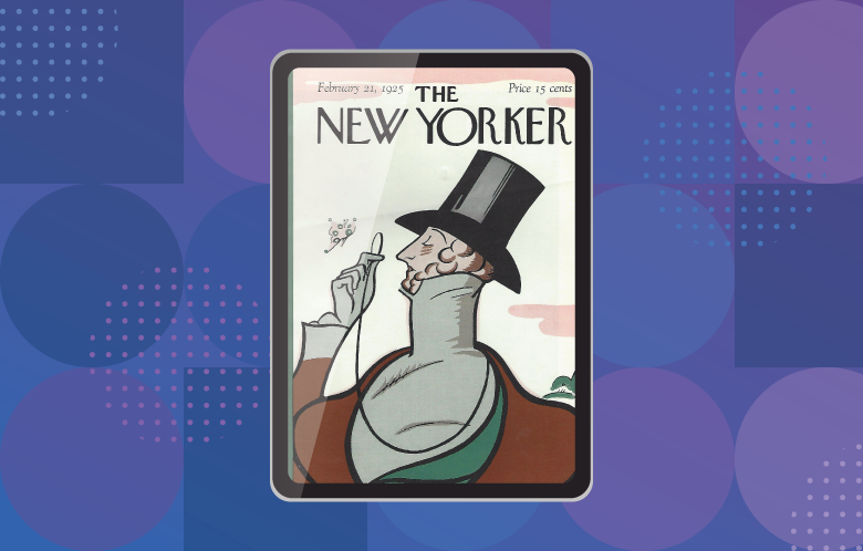 The New Yorker cover in a tablet with circle and square pattern