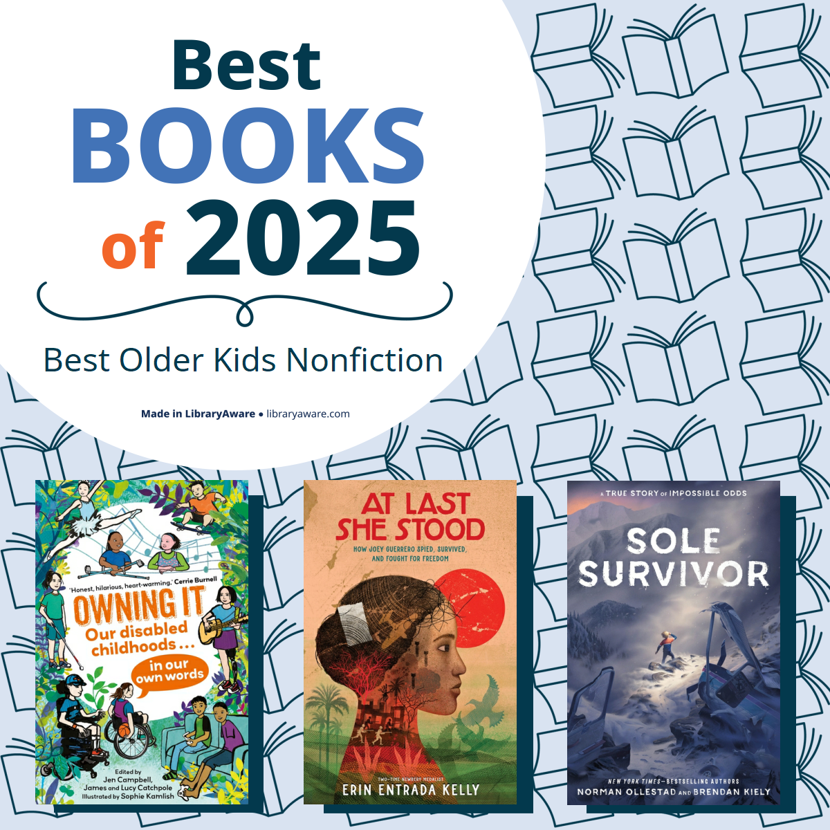 Graphic with a patterned background of open books and a white circle reading “Best Books of 2025 – Best Older Kids Nonfiction.” Below are three book covers:

Owning It: Our Disabled Childhoods in Our Own Words (colorful illustrated cover with diverse characters).
At Last She Stood by Erin Entrada Kelly (earth-toned cover with abstract design and red circle).
Sole Survivor (blue-toned cover showing a lone figure in a snowy mountain landscape).