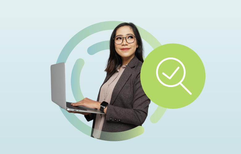 Woman holding a laptop with a circular pattern behind. Icon of a balance