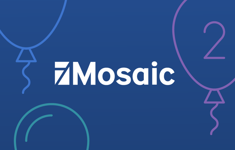 Mosaic logo with illustrated balloons celebrating the product's second anniversary