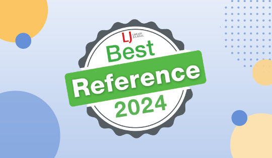 image of logo that says "Library Journal Best Reference 2024" with circle pattern around it