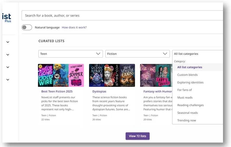 Screenshot of NoveList' curated list filtering