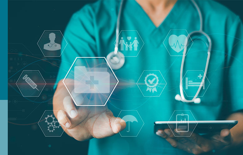 nurse wearing stethoscope and holding tablets surrounded by medical icons
