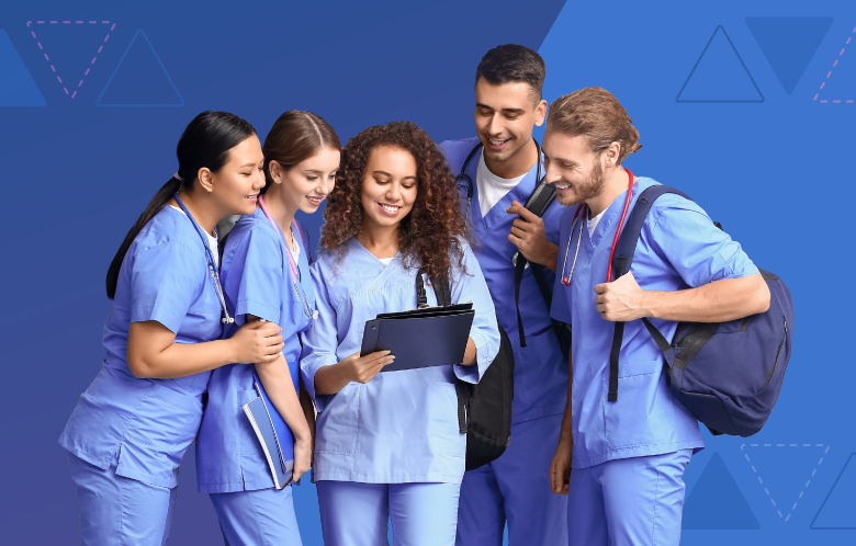 Group of 5 medical students with triangles in the background