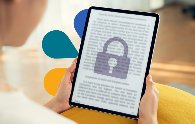 Woman holding a tablet with a e-book and a secure lock over it