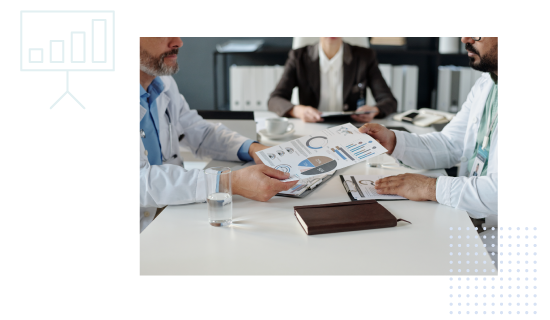 medical professionals and doctors presenting numbers with presentation graph icon to the left