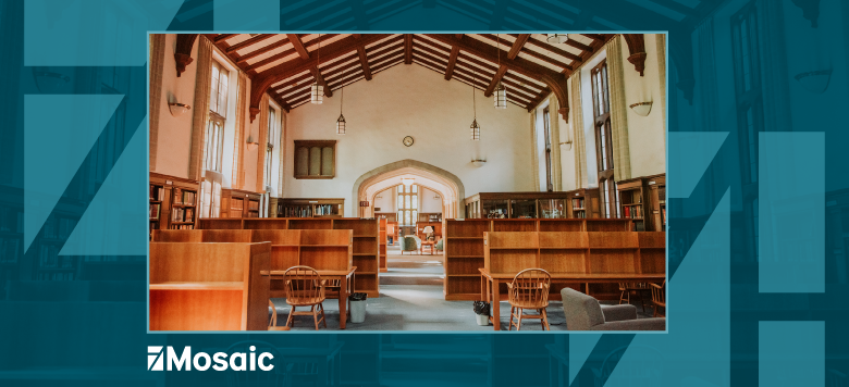 mosaic logo and interior of a library