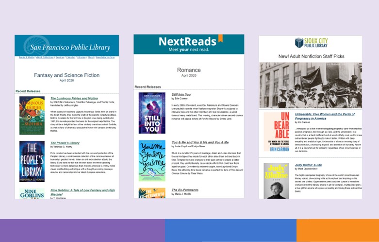 Image featuring 3 examples of NextReads newsletters