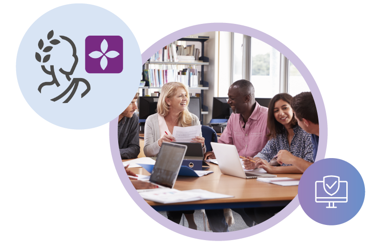 image showing middle aged people in library on laptops with OpenAthens Compass logo and security icon