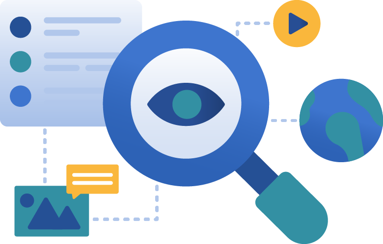 Magnifying glass with eye in it and a globe, play button, photo with comment and bulleted list around it