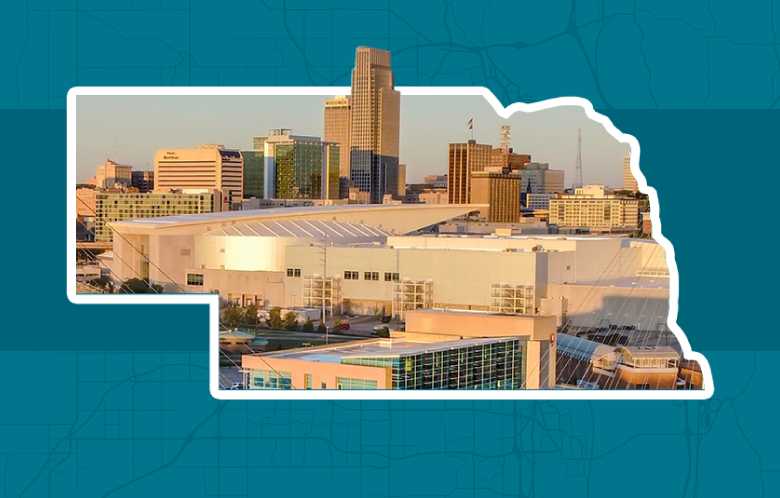 image of the state of Nebraska with a city image inside the outline of the state