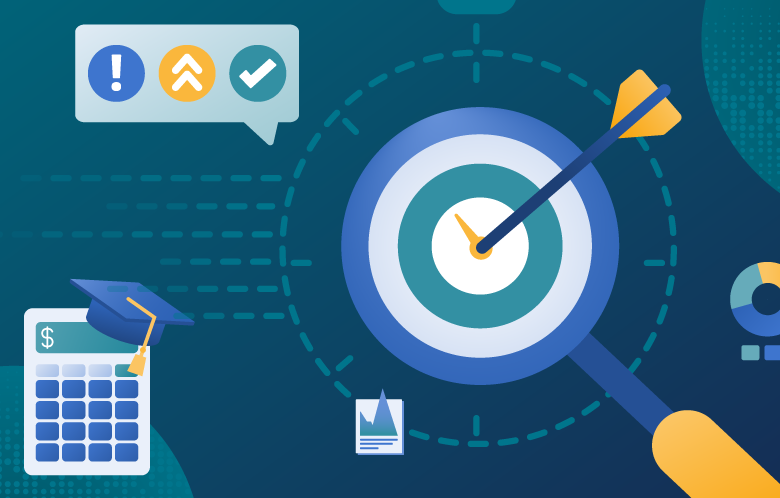 Illustration of clock target arrow  surrounded by charts, calculator and feedback icons in bubble