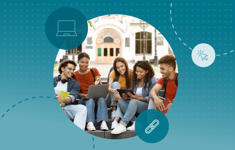 Group of students sitting on steps outside while looking at devices, surrounded by 3 icons