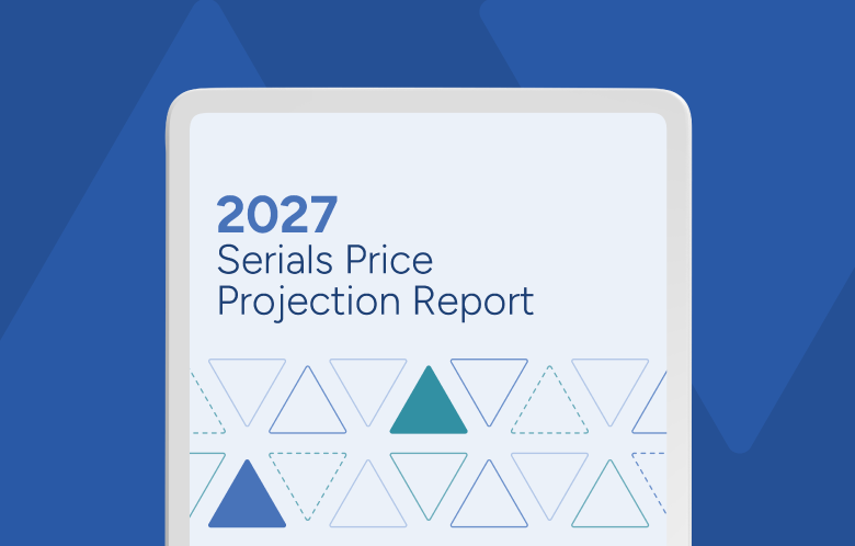 2027 Serials Price Projection Report on a tablet device with a blue and teal geometric design