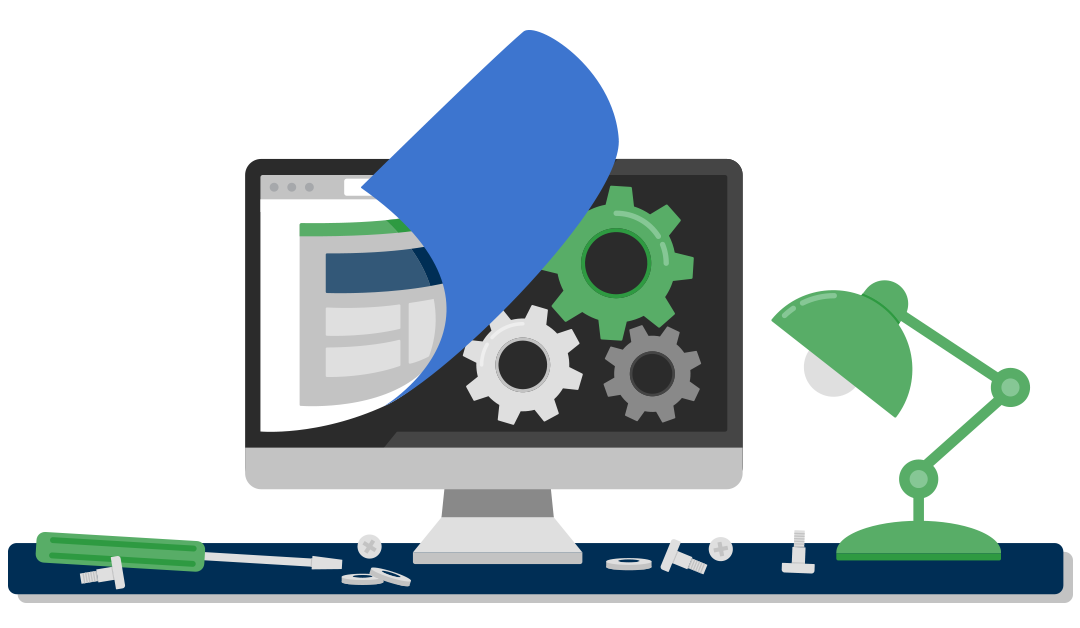 illustrated desktop under construction with gears and screwdriver